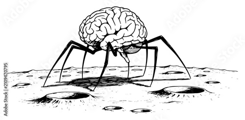 Quadro su tela Human brain with spider legs walking on moon surface sketch hand drawn surreal i
