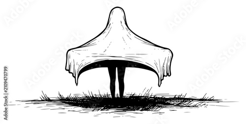 Photos Mystery figure covered with white sheet standing in field sketch hand drawn ghos