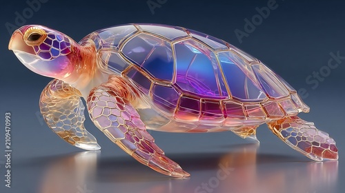 Opalescent glass sea turtle, beautifully crafted, glows with internal light on a reflective surface