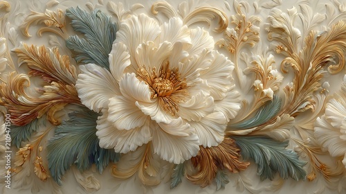 Ornamental flower centerpiece with carved swirling leaf accents in gold, teal, and ivory hues