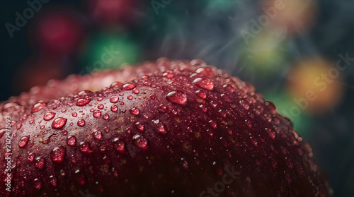 Closeup of a fresh red apple with water droplets and steam