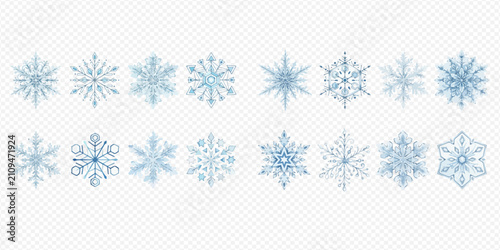 Cuadro en lienzo Set of beautiful blue snowflakes isolated on transparent background, winter elements for design