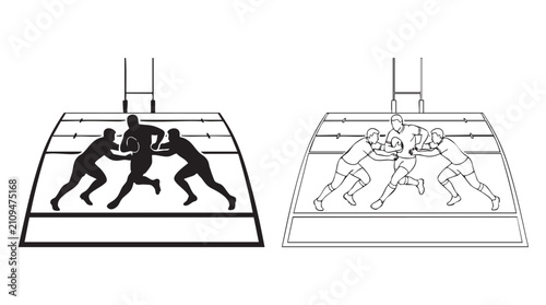 Fotografía rugby players vector silhouette with line art pair icon featuring sports, team,