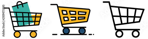 Shopping carts with minimalist black outlines and bold colored accents represent modern retail experiences.