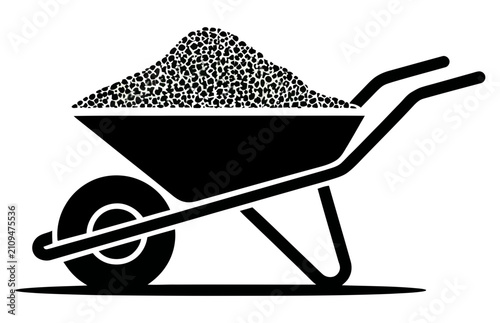 Wheelbarrow filled with gravel represents construction progress and heavy labor in a bold black silhouette icon.