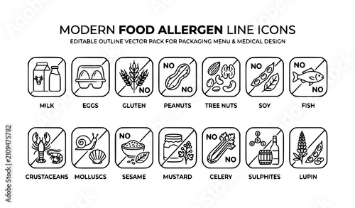 Foto Illustrate a premium vector pack containing 18 food allergen line icons organized in an evenly spaced rectangular layout on a solid white background