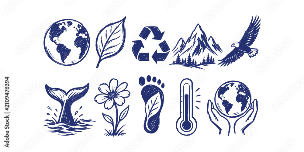 Fototapeta premium nature environmental conservation element collection hand drawn doodle icon set vector illustration