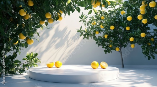 3D white cylindrical podium with lemon tree,theme product display background,summer sale season,exhibition gallery display,vector podiums,Banner,Product presentation realistic podium,platform.