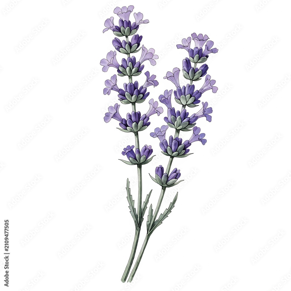 Obraz premium Watercolor Asymmetrical Lavender Stems Botanical Illustration | Hand-Painted Purple Floral Clipart Isolated on White Background.