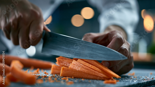 Dynamic low-angle close-up of a professional chef expertly slicing fresh carrots on a dark countertop with a large steel knife.