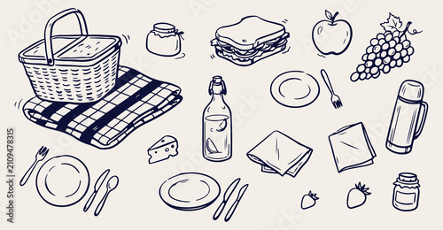picnic food seamless pattern, hand drawn sandwich drink line art, outdoor dining vector illustration, plaid blanket food doodle background, vintage summer snack wallpaper, rustic picnic basket sketch 