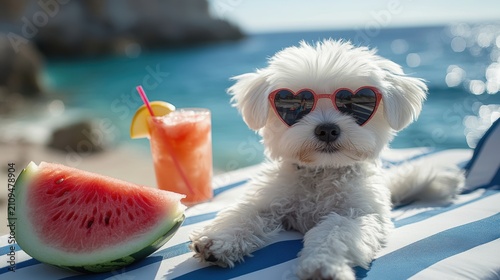 Puppy white maltese dog wearing pink heart sunglasses sitting and eating watermelon on beach chair and beach umbrella by the sea in resting summer vacation,pet friendly concept.
