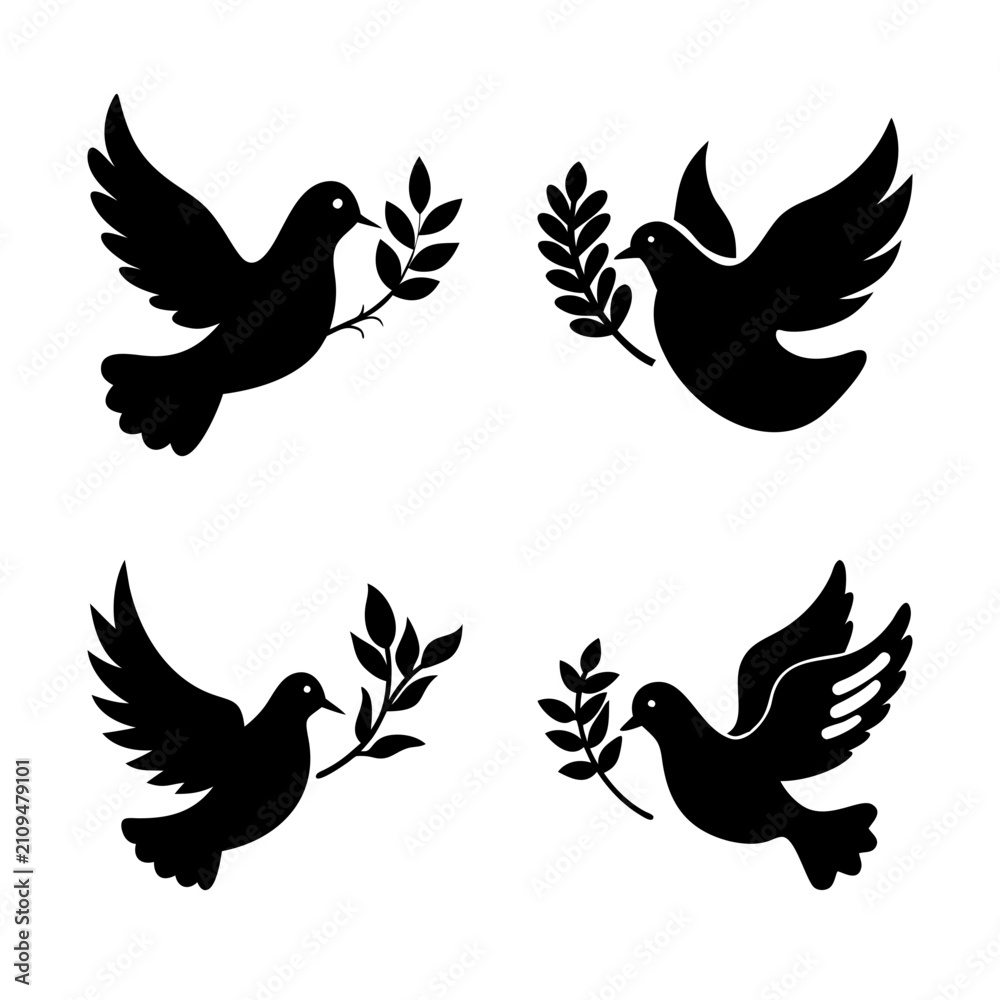 Fototapeta premium Four black doves flying with olive branches - Simple vector illustration of four doves carrying olive branches in a balanced composition, symbolizing peace and harmony.