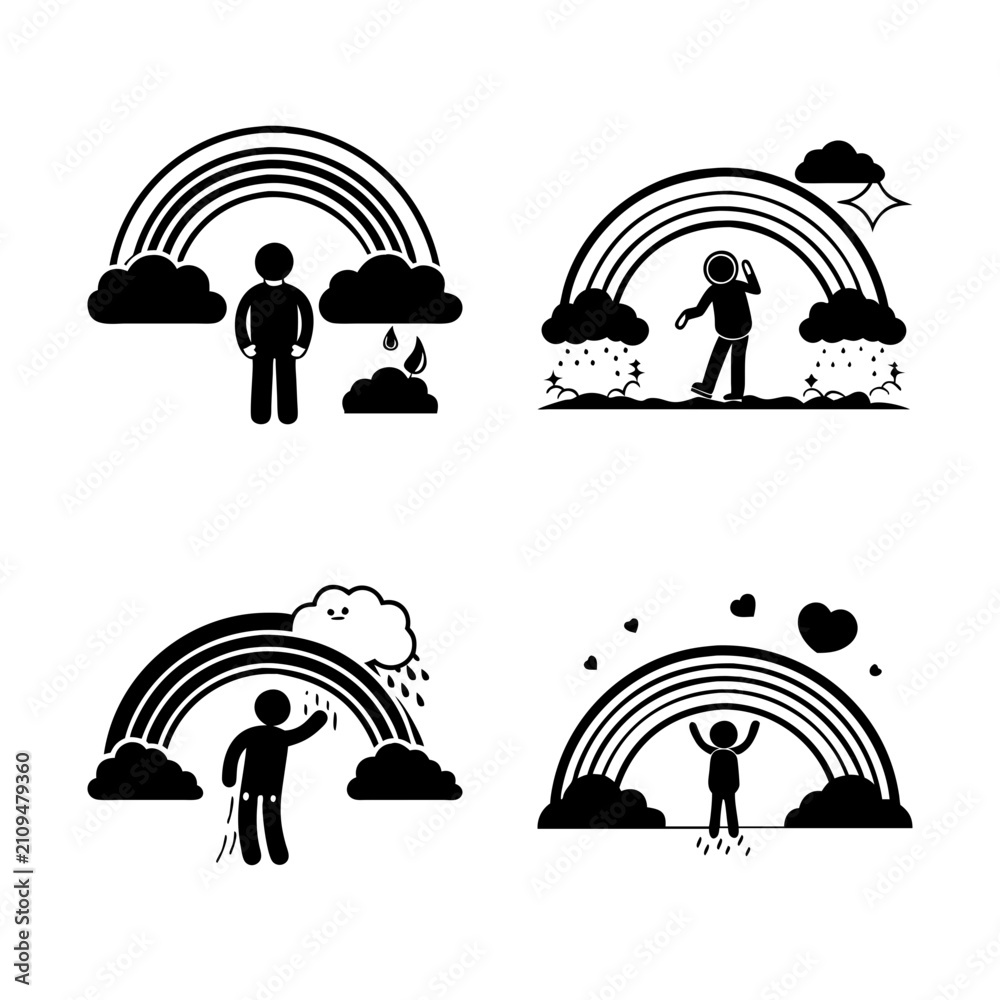 Obraz premium People walking under rainbow arcs with hearts - Four black and white vector illustrations showing people walking under rainbow arcs, each with a heart symbolizing love or positivity.