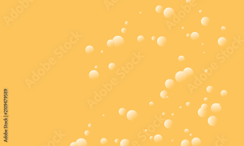 Abstract yellow background with floating white spheres and bubbles, representing effervescence in beer, soda, or sparkling water, perfect for minimal design.