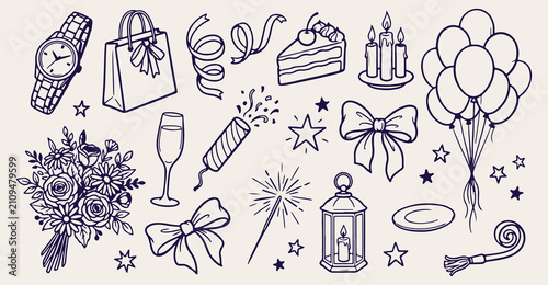 birthday celebration party seamless pattern, cake slice line art illustration, party popper vector, champagne glass doodle background, event party sketch wallpaper, continuous birthday celebration pri