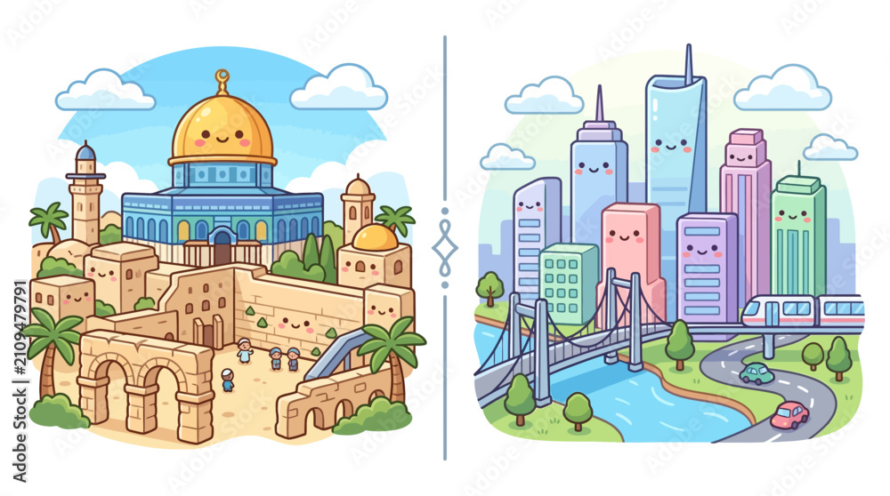 Fototapeta premium Cute Cartoon Illustration of Ancient Landmark and Modern City Skyline