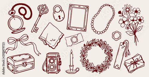 Cuadro en lienzo vintage keepsakes seamless pattern, hand drawn key frame line art, floral wreath