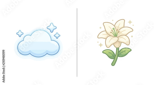 Pastel cloud and white lily flower vector icon set
