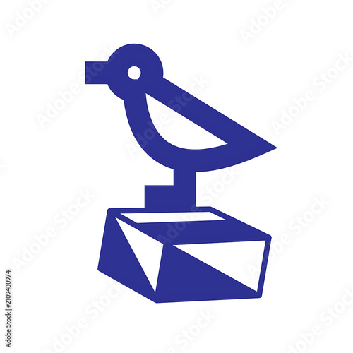 Stylized blue bird vector icon perched on geometric pedestal, minimalist flat vector logo symbol isolated on white background.