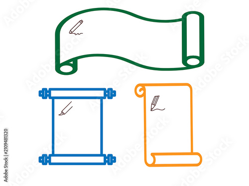 Three minimalist parchment scroll icons with pencil symbols in green, blue, yellow, line art vector graphics on white background.