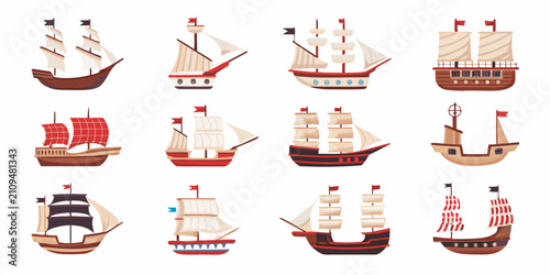 Fotografia Collection Of Historical Sailing Ships Colorful Vector Illustration
