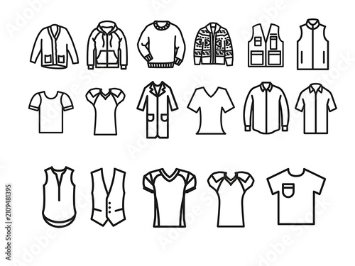 Set of minimalist line art clothing icons in three rows, bold black stroke vector graphics on white background.