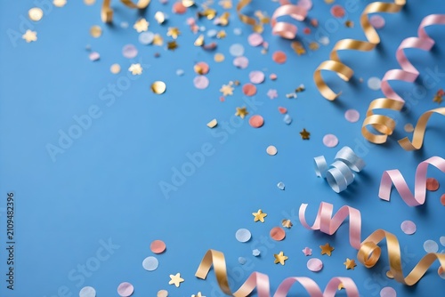 Party streamers and confetti scattered on blue background