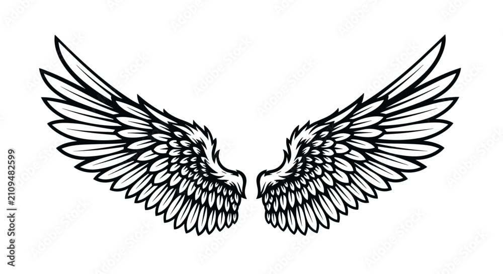 Fototapeta premium Intricately detailed majestic pair of angel wings in black ink sketch style isolated on white background.