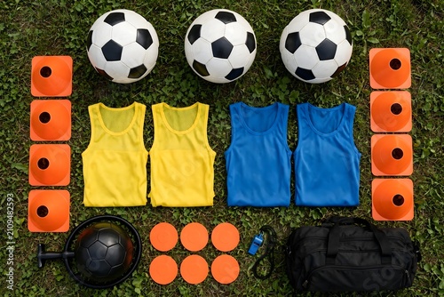 Soccer training equipment flat lay top down view