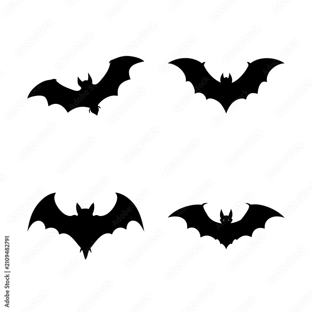 Fototapeta premium Four black bat silhouettes flying - Minimalist vector illustration of four black bat silhouettes arranged in a diagonal flight pattern, perfect for Halloween or dark-themed designs.
