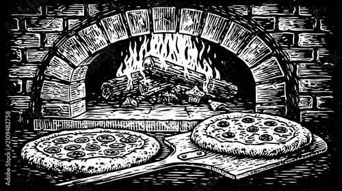High-contrast black and white linocut style illustration featuring a traditional brick wood-fired oven with burning logs and two pizzas.