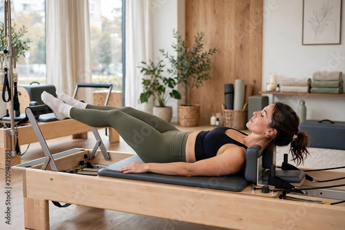 Woman performing pilates exercise on reformer machine