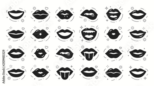 Collection of various female lip icons with different expressions and mouth shapes in black flat style, representing emotional facial expressions, symbolizing cosmetic beauty branding