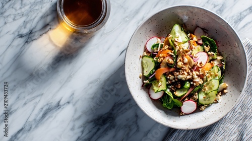 A modern flat lay of miso crunch salad styled asymmetrically on a marble surface with refined editorial composition and subtle reflections
