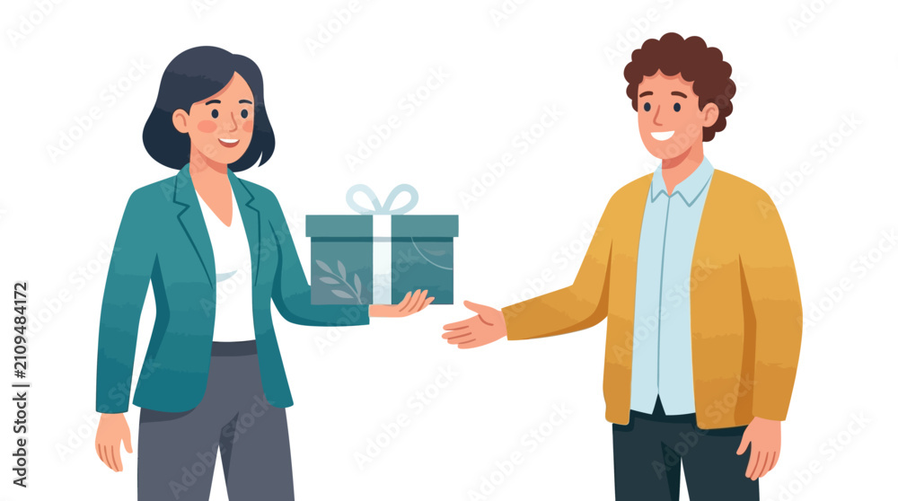 Fototapeta premium HR professional handing a welcome gift box to new employee for corporate onboarding flat vector illustration