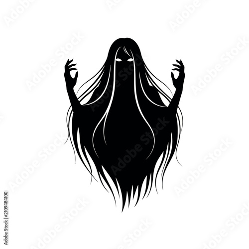 Canvastavla Scary Black Ghost Silhouette with Long Hair and Glowing Eyes.