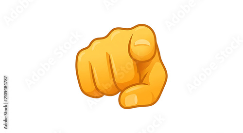 Stylized golden yellow vector emoji hand icon, pointing index finger directly at viewer, isolated on white background.
