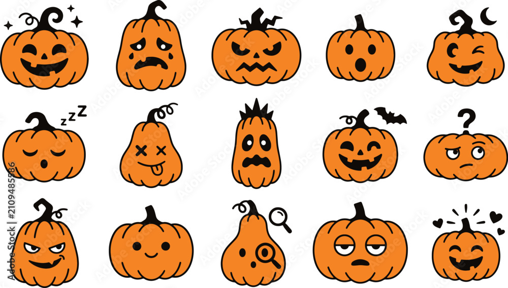 Obraz premium Halloween pumpkin faces collection cute jack o' lantern emoticons for spooky season designs