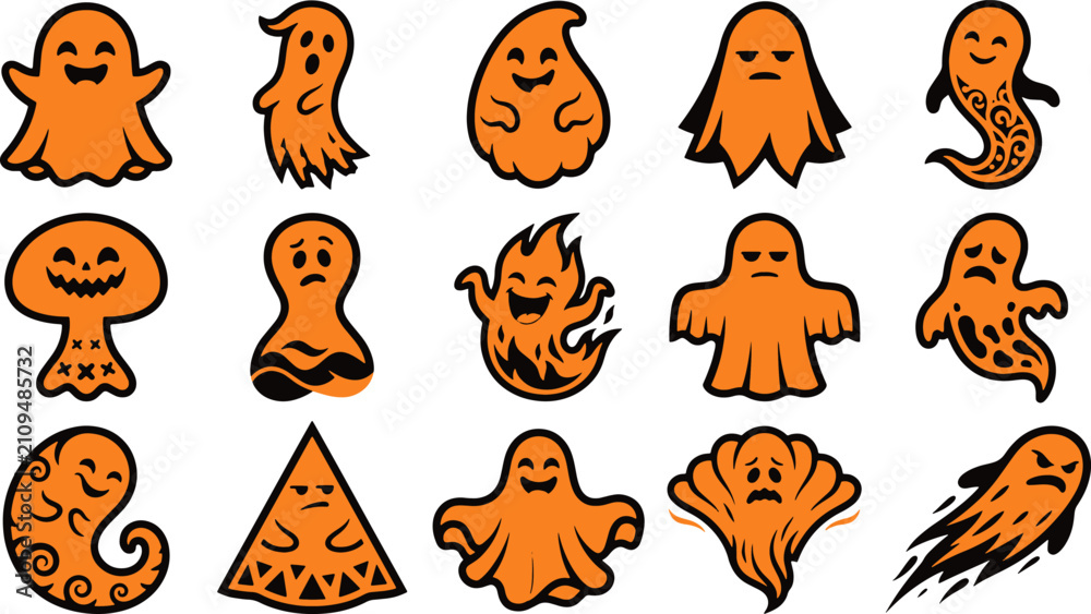 Fototapeta premium Spooky halloween ghosts and pumpkin faces orange vector illustrations for festive decorations