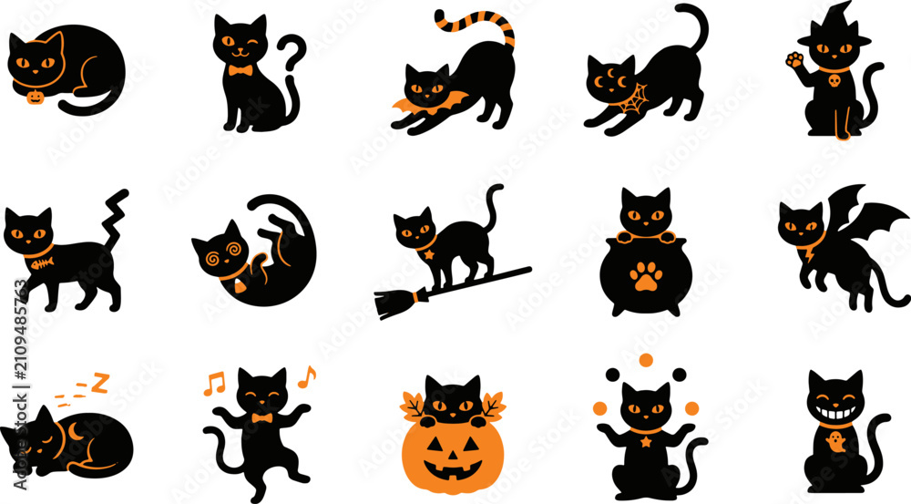 Obraz premium Spooky halloween black cats collection vector icons for festive designs halloween decorations