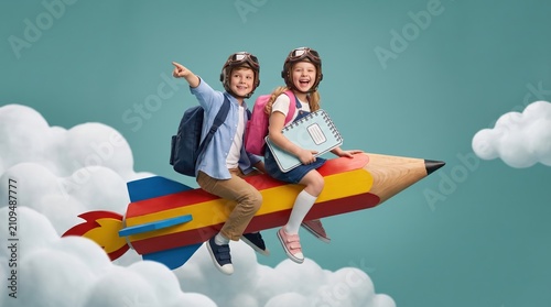 Back to school of two excited children with backpacks, a boy and a girl, pointing forward while riding a colorful pencil rocket through clouds.