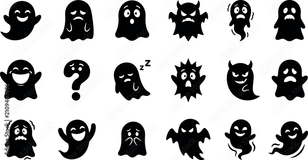 Obraz premium Halloween ghost silhouette bundle set collection on white background featuring various spooky cartoon spirits for festive seasonal graphic design