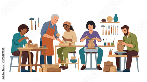 Diverse multicultural artisans creating wood crafts and pottery in a shared workshop studio flat vector illustration.