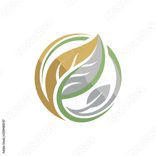Abstract circular green and gold leaf logo design.