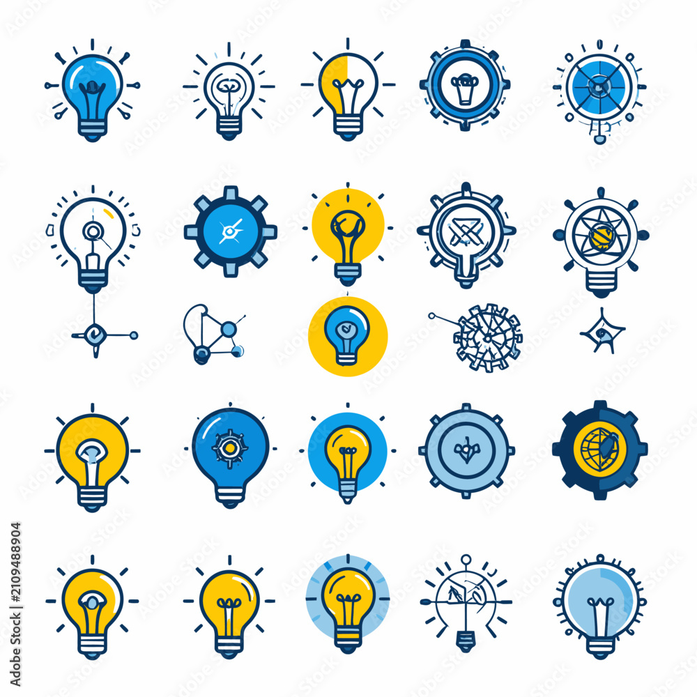 Fototapeta premium Blue and yellow innovation light bulb icon set.