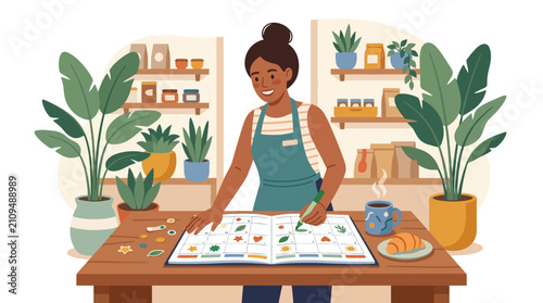 Young female entrepreneur organizing schedule in planner at local organic shop flat design vector illustration.