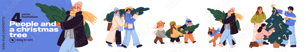 Fototapeta premium People and Christmas trees set. Families, friends and couples prepare for Xmas celebration, carry, decorate firs together for New Year and winter holidays. Flat isolated vector illustration on white