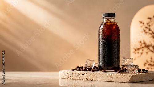 Premium bottled cold brew coffee hero product on travertine pedestal with roasted coffee beans and ice cubes for luxury beverage branding and FMCG marketing campaigns