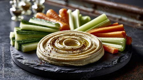 A minimalist high-end culinary photograph showcasing a perfectly spiraled portion of hummus with olive oil, served alongside fresh cucumber, celery, and carrot sticks.